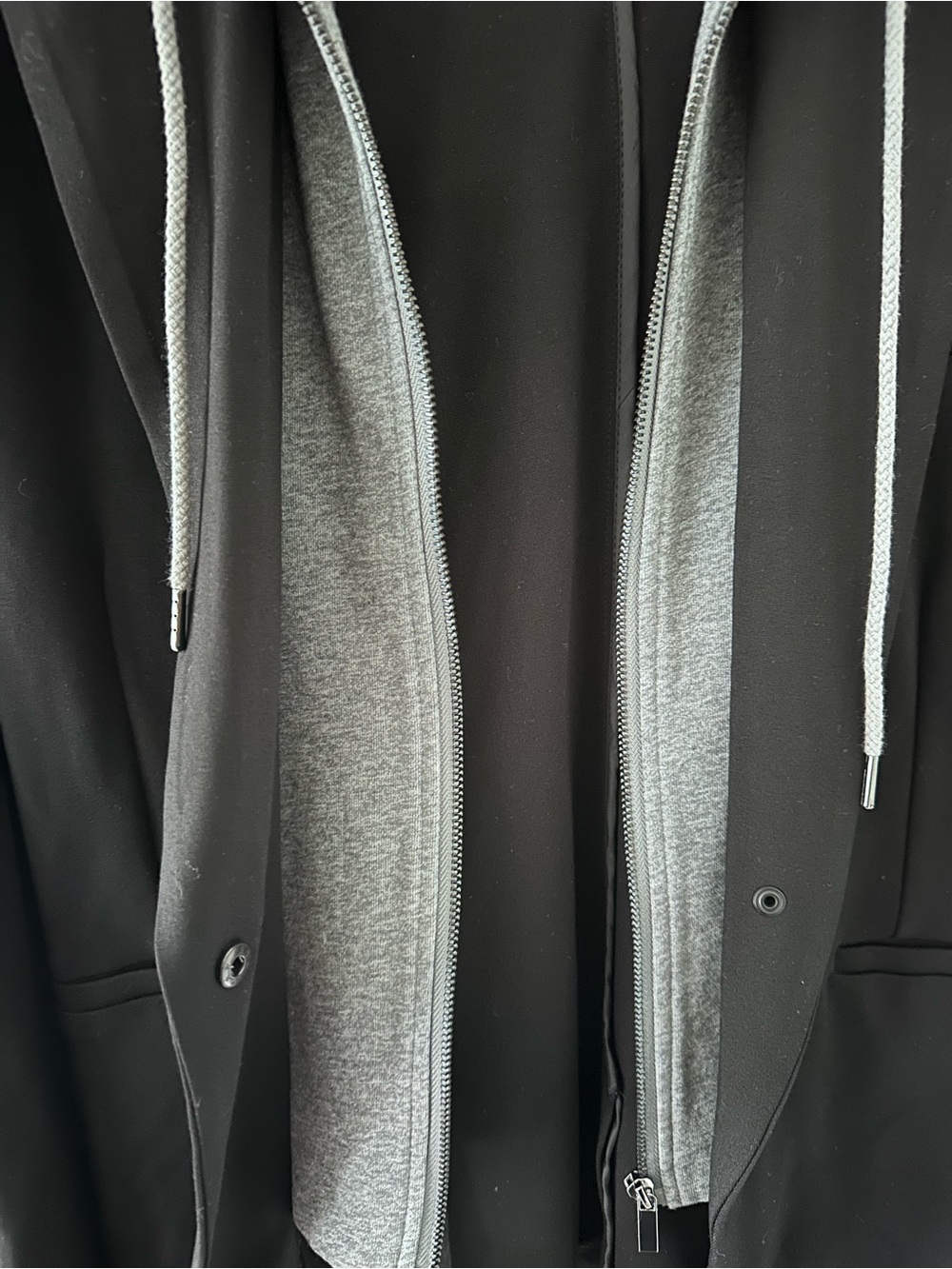 Two Layer Jacket: Black Blazer with Gray Hooded Zip Layer - Picture 3 of 6